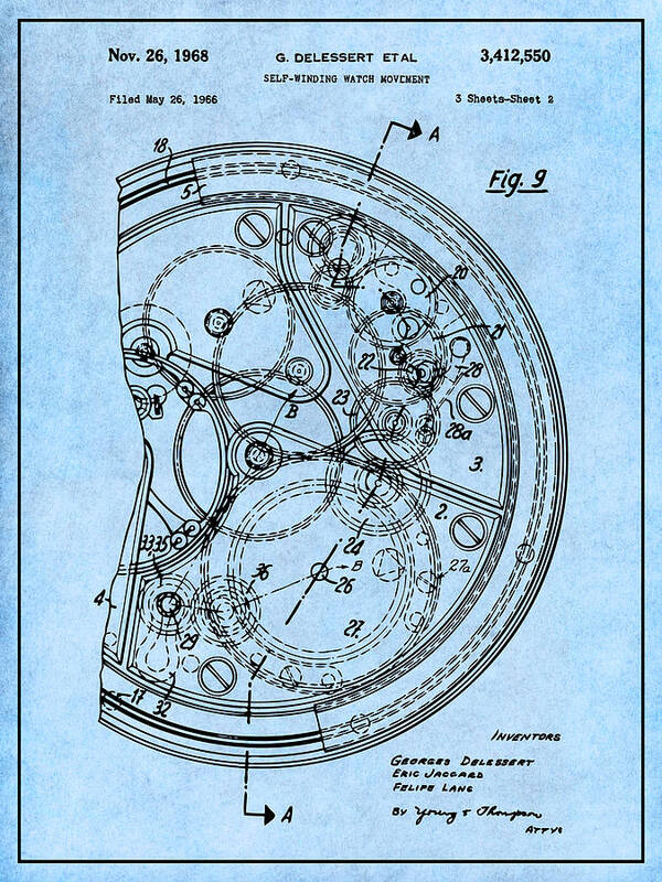 1966 Self Winding Watch Movement Patent Print Poster featuring the drawing 1966 Self Winding Watch Movement Light Blue Patent Print by Greg Edwards