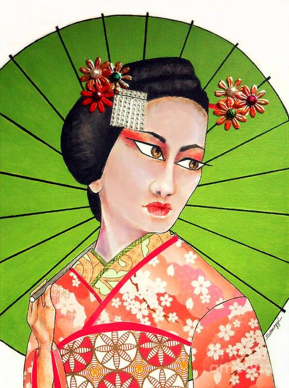 Maiko Poster featuring the mixed media Anzu by Jayne Somogy