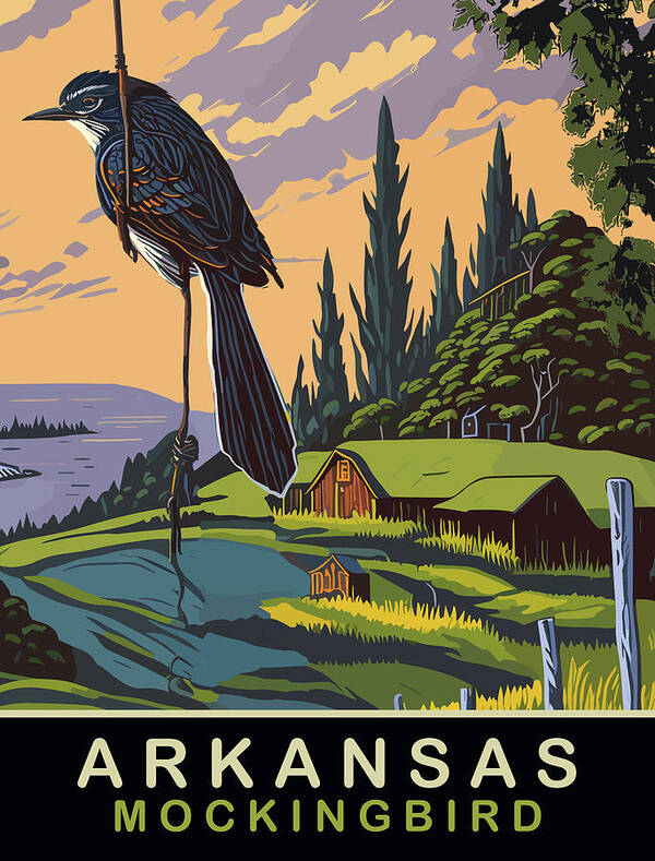 Arkansas Poster featuring the digital art Arkansas, Mockingbird by Long Shot