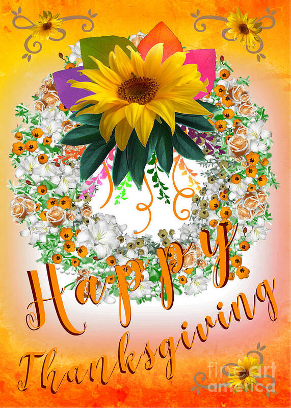 Autumn Poster featuring the digital art Autumn Orange Happy Thanksgiving Card by Delynn Addams