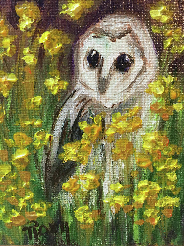 Barn Owl Poster featuring the painting Barn Owl in Yellow Flowers by Roxy Rich
