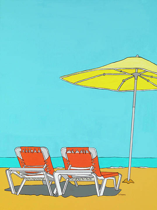 Orange Beach Chairs Water Longisland Montauk Florida Capecod Poster featuring the painting Beach Chairs by Mike Stanko