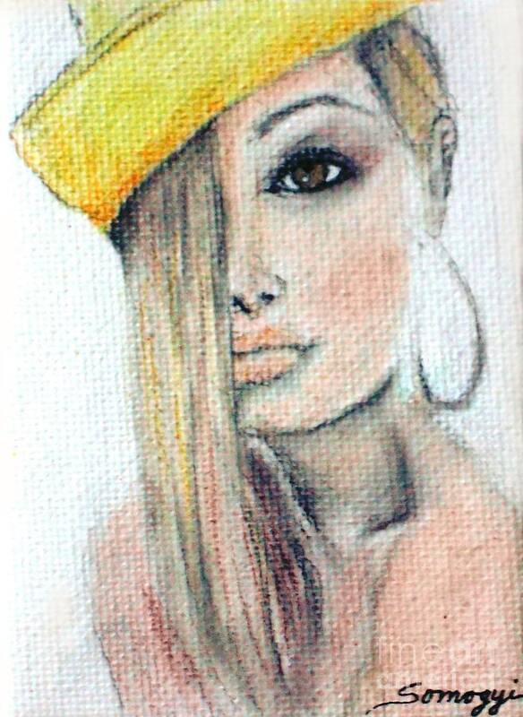 Blonde Woman Poster featuring the drawing Blonde Hair, Yellow Hat by Jayne Somogy