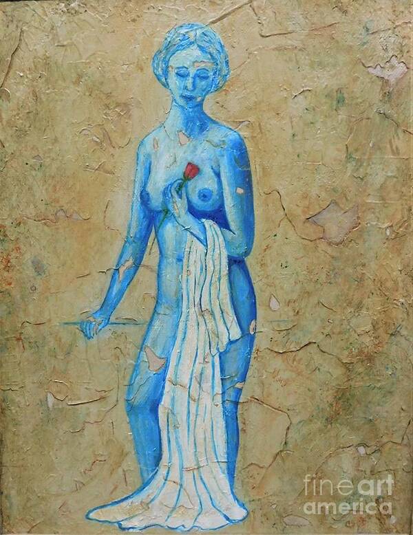Blue Nude Poster featuring the painting Blue Nude with Red Rose by Irene Czys