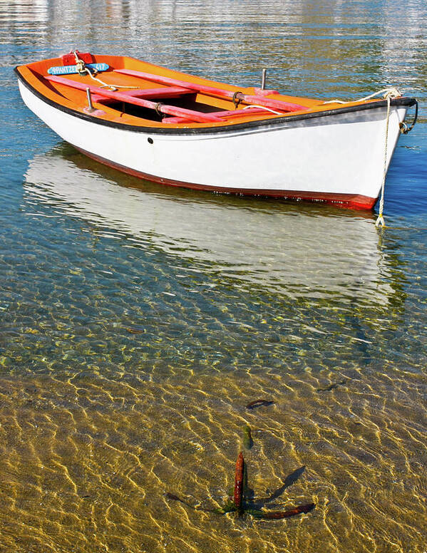 Boat Anchor Mykonos Greece Poster featuring the photograph Boat anchored in Mykonos, Greece by David Morehead