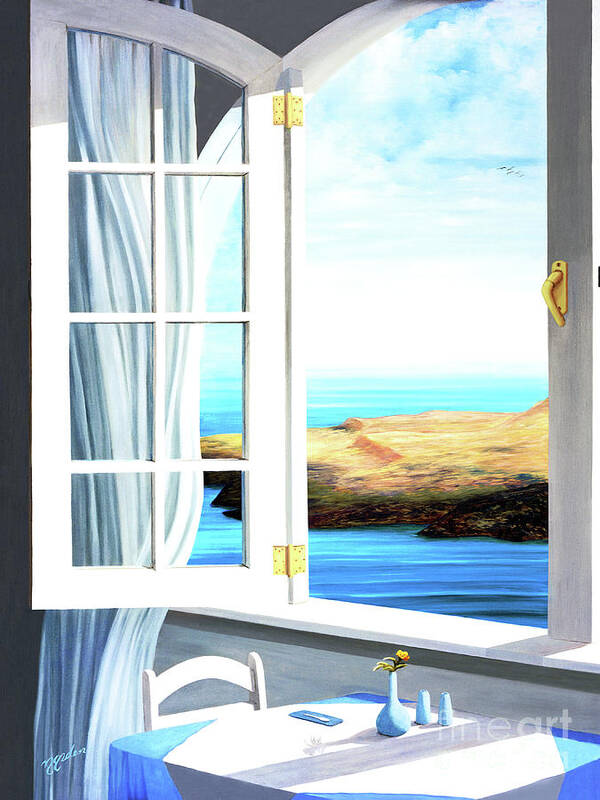 Santorini Poster featuring the painting BREAKFAST IN SANTORINI-prints of oil painting by Mary Grden