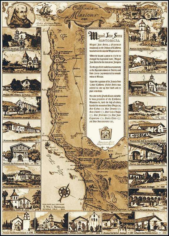 California Poster featuring the photograph California Missions Vintage Pictorial Map 1949 Sepia by Carol Japp