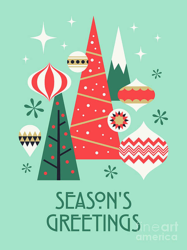 Christmas Poster featuring the digital art Retro Christmas Theme - Seasons Greetings Mint by Organic Synthesis