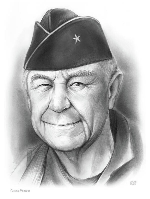 Chuck Yeager Poster featuring the drawing Chuck Yeager - Pencil by Greg Joens