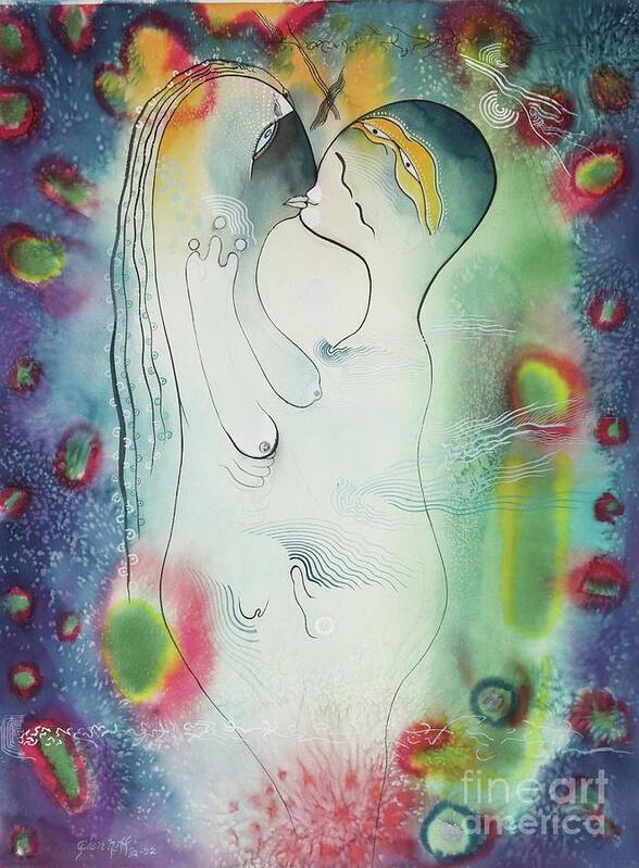 #cosmiclovers #watercolor #watercolorpainting #loversart #icons #iconseries #mysticart #symbolicart #glenneff #picturerockstudio #thesoundpoetsmusic #alienlovers Poster featuring the painting Cosmic Lovers by Glen Neff