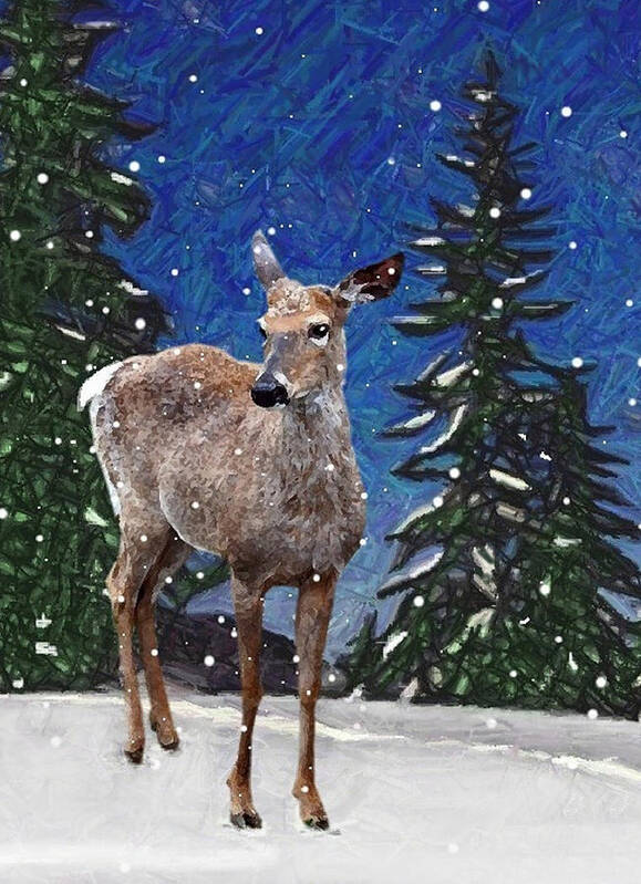 Nature Poster featuring the mixed media Deer in Snow by Judy Cuddehe