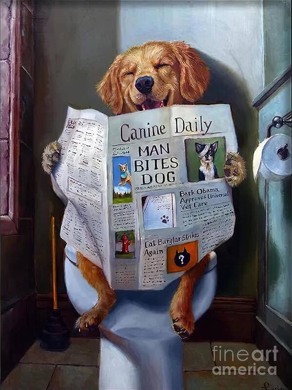  Happy Poster featuring the painting Dog Reading the Newspaper On Toilet Funny by Stewart Joanne