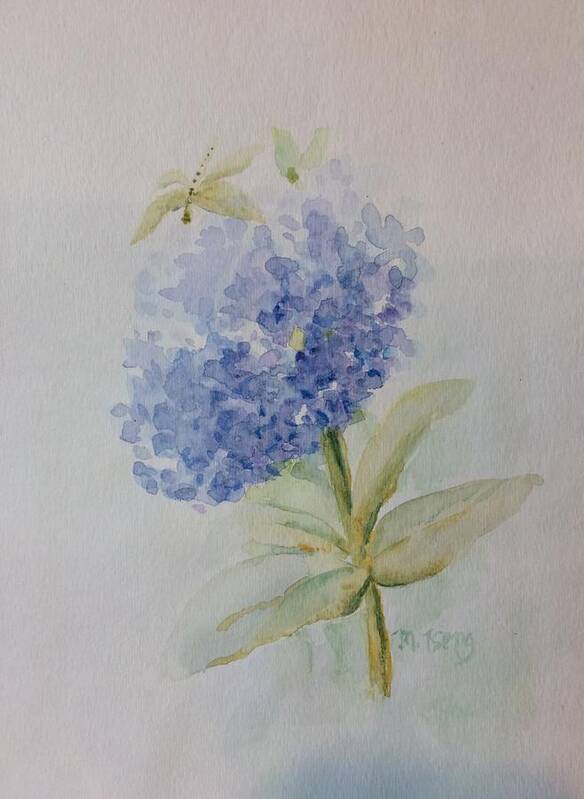 Hydrangea Poster featuring the painting Dragonfly on hydrangea by Milly Tseng