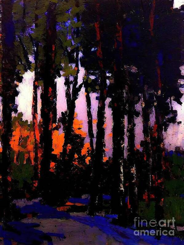 Way Poster featuring the painting Evening light in the forest Painting way dusk evening evening light forest abstract autumn blur color colorful illustration landscape nature painting pointillism scenic season trees vibrant woods by N Akkash