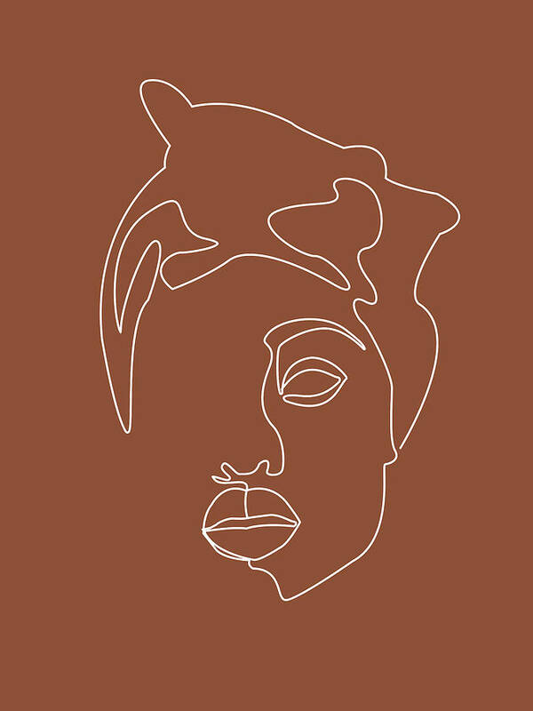 Portrait Poster featuring the mixed media Face 04 - Abstract Minimal Line Art Portrait of a Girl - Single Stroke Portrait - Terracotta, Brown by Studio Grafiikka