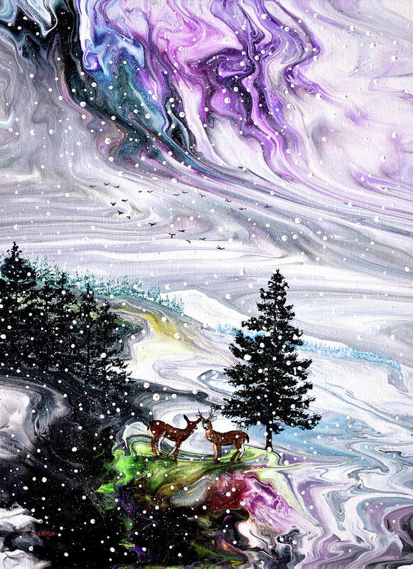 Pine Tree Poster featuring the painting Falling Snow on the Mountains by Laura Iverson