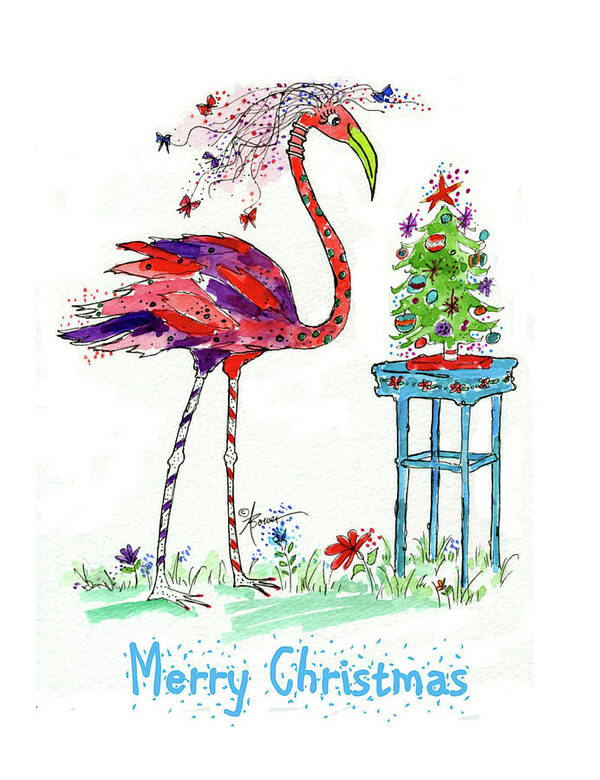 Christmas Tree Poster featuring the painting Flossie Flamingo's Christmas by Adele Bower