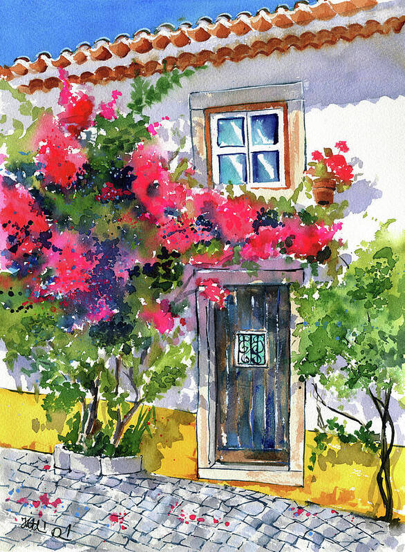 Portugal Poster featuring the painting Flowery Entrance in Obidos Portugal by Dora Hathazi Mendes