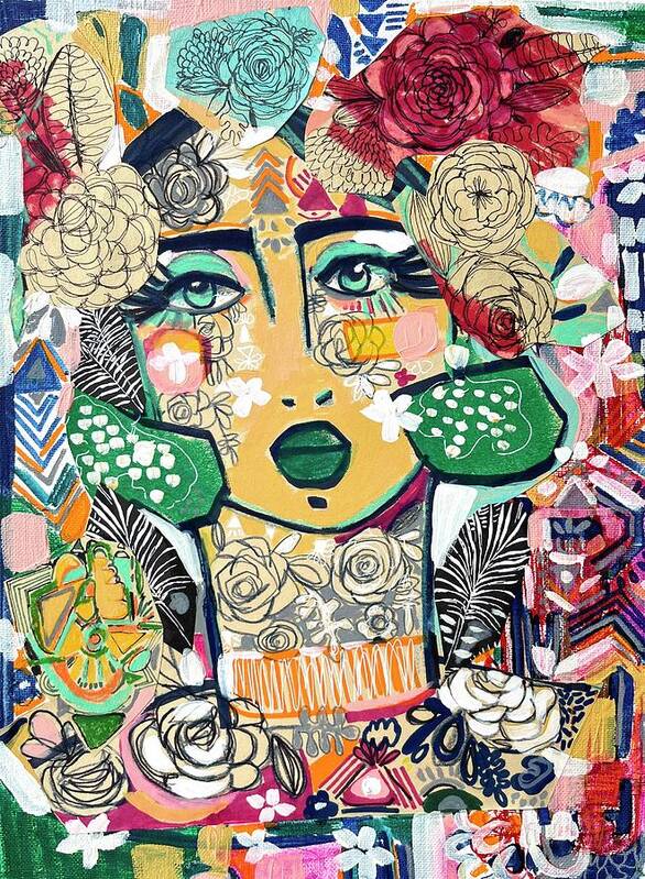 Abstract Face Art Poster featuring the mixed media Forest Goddess Abstract Portrait by Rosalina Bojadschijew