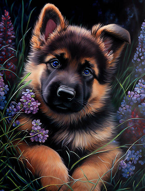 Puppy Poster featuring the digital art German Shepherd Puppy in Spring by Angie Tirado