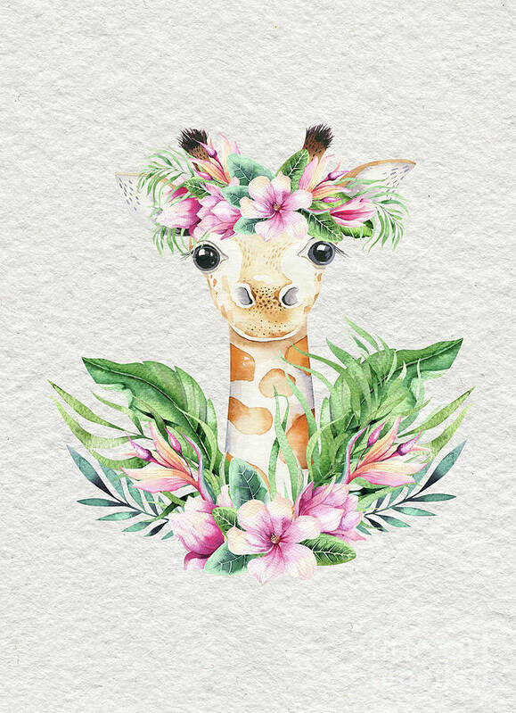 Giraffe Poster featuring the painting Giraffe With Flowers by Nursery Art