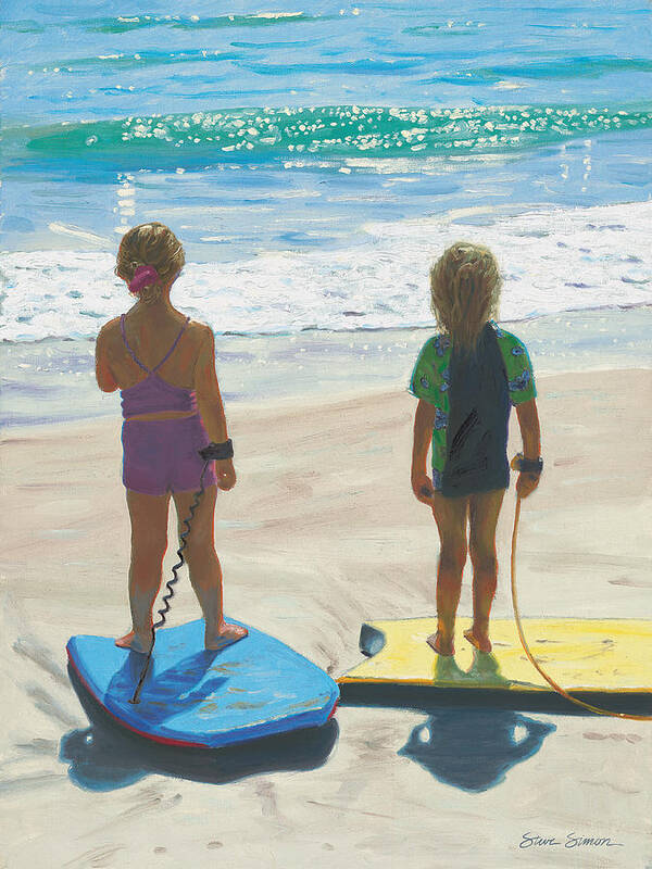 Girls Poster featuring the painting Girls on Boogie Boards by Steve Simon