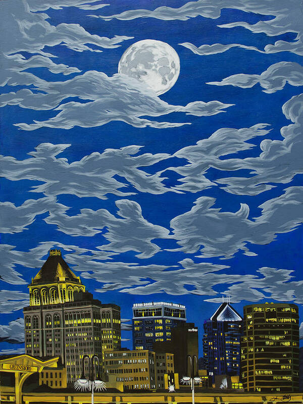 Greensboro Poster featuring the painting Greensboro Under Moonlight by John Gibbs