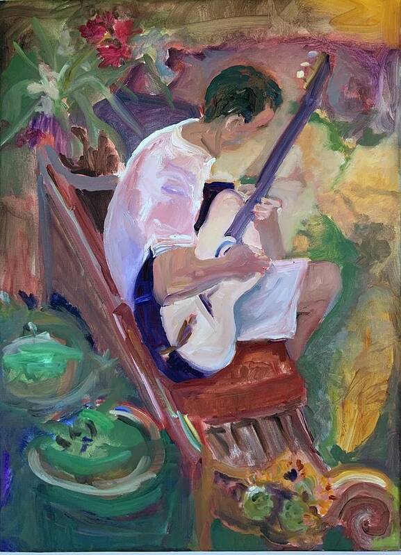Figure In The Landscape Poster featuring the painting Guitar player by Margaret Elliott