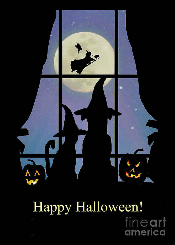 Halloween Poster featuring the photograph Happy Halloween Cute Dog and Cat in Witch Hats with Witch and Familiars by Stephanie Laird