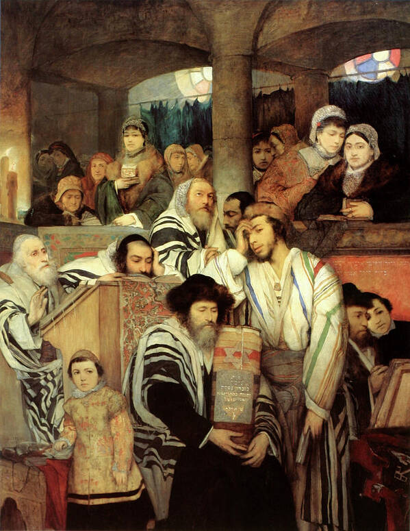 European Artists Poster featuring the painting Jews Praying in the Synagogue on Yom Kippur by Maurycy Gottlieb