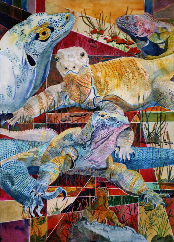Giant Iguana Poster featuring the painting Komodo Dragons by Karen Merry