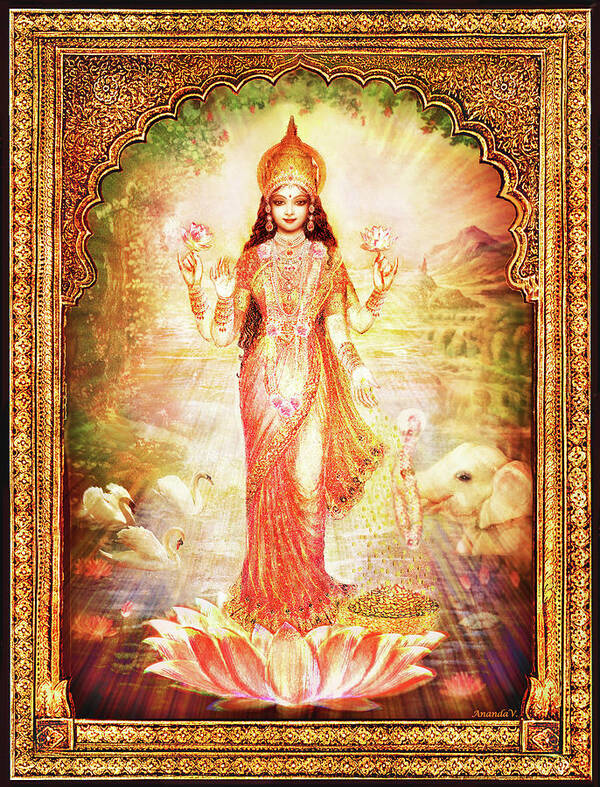 Goddess Poster featuring the mixed media Lakshmi Goddess of Fortune with lighter frame by Ananda Vdovic