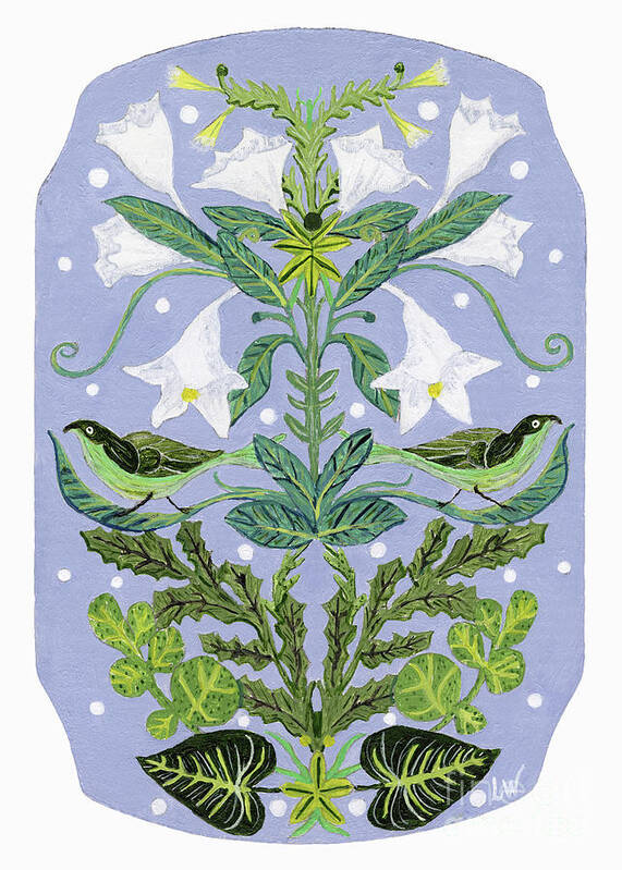 French Inspired Poster featuring the painting Leaves and Lilies with Birds, French Inspired Design by Lise Winne