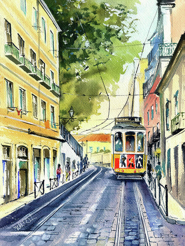 Lisbon Poster featuring the painting Lisbon Tram at Rua Augusto Rosa by Dora Hathazi Mendes