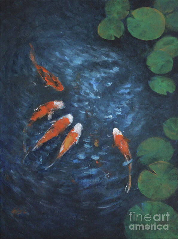 Koi Poster featuring the painting Living Jewel Koi and Lily Pad by Jane See
