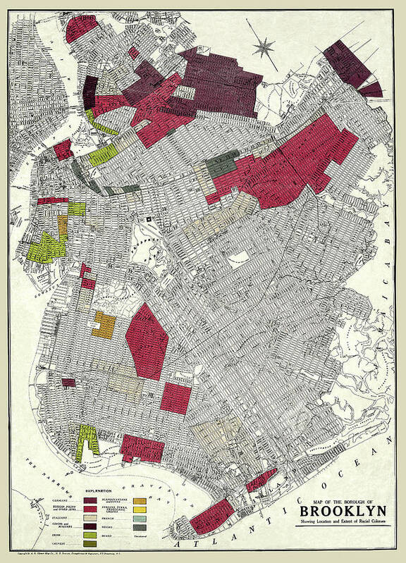 Brooklyn Poster featuring the photograph Map of of Brooklyn NY showing ethnic and racial neighborhoods 1920 by Phil Cardamone