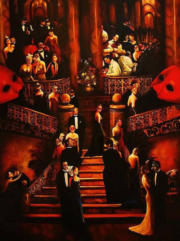 Redmask Poster featuring the painting Masquerade Ball by Dalgis Edelson