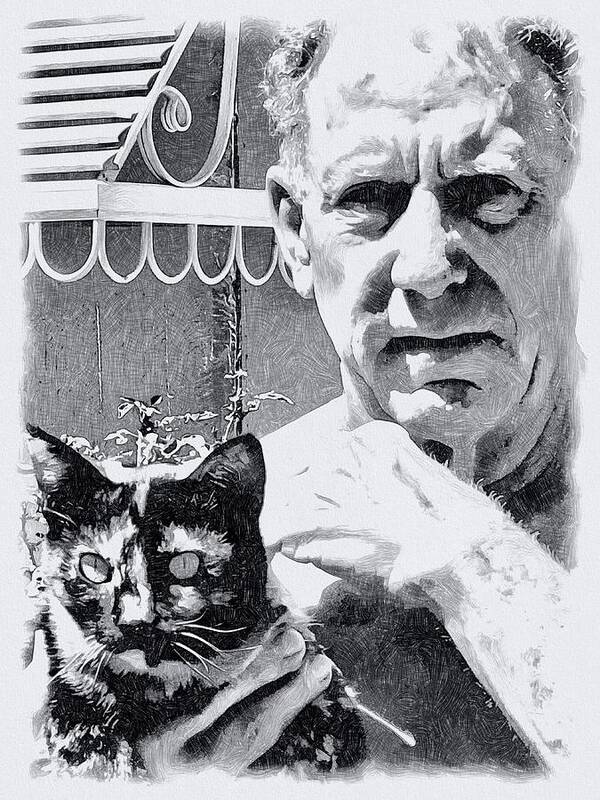 Cat Black White Man House Awning Arm Fingers Bush Tortie Poster featuring the digital art Mick and Splotchy by Kathleen Boyles