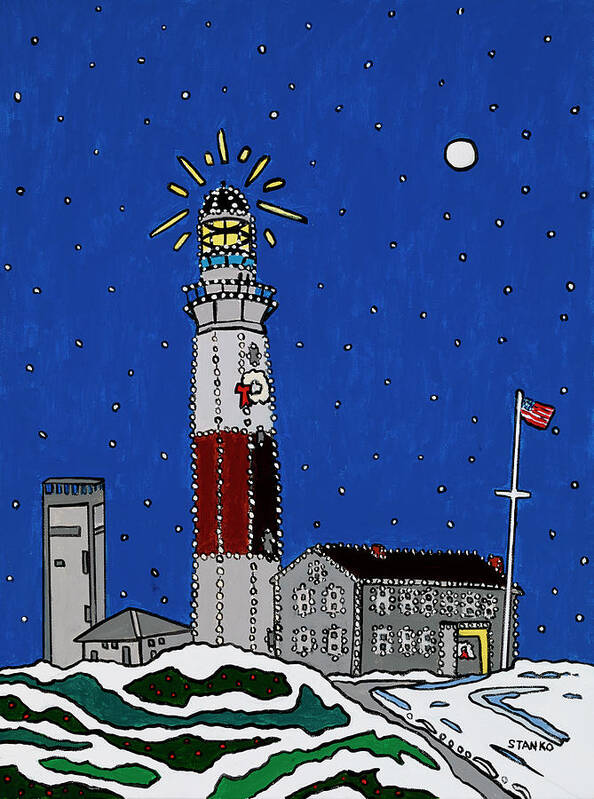 Montauk Lighthouse Christmas Poster featuring the painting Montauk Christmas Lights by Mike Stanko