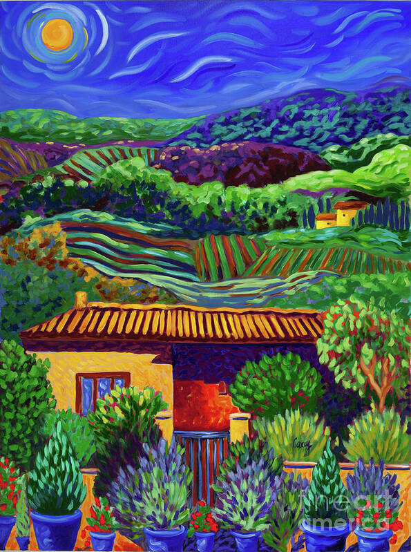 Night Scene Poster featuring the painting Moonlit night in Tuscany by Cathy Carey
