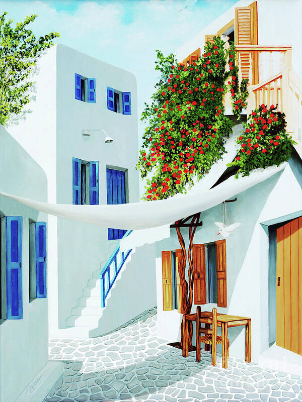 Mykonos Greece Poster featuring the painting MYKONOS WALK-prints of painting by Mary Grden