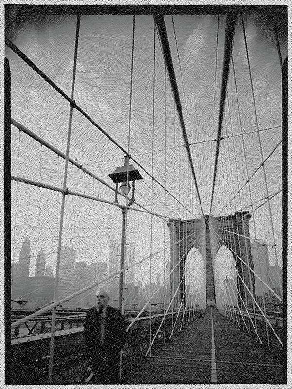 Brooklyn Poster featuring the painting New York City Brooklyn Bridge Black And White by Tony Rubino