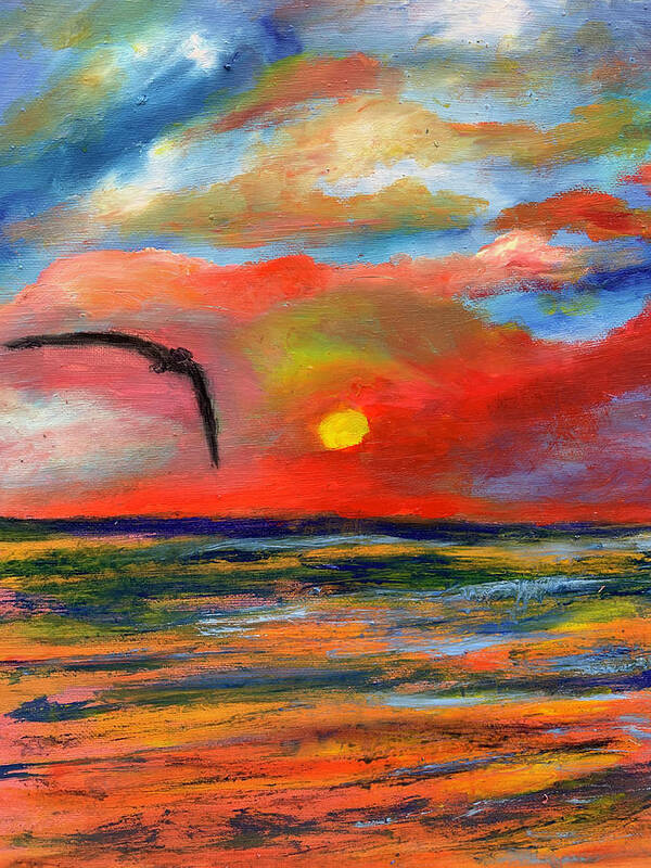 Sunset Poster featuring the painting Ode To Bird Flight at Sunset Over the Ocean by Susan Grunin