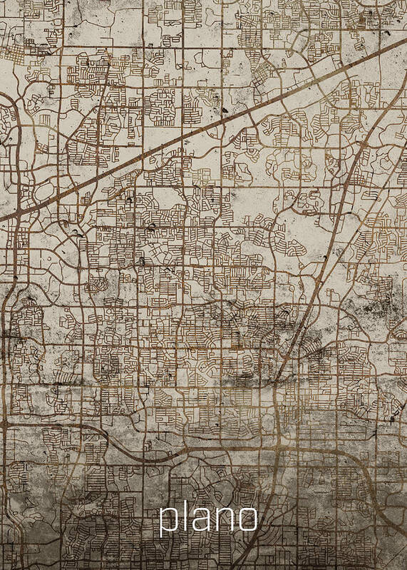 Plano Poster featuring the mixed media Plano Vintage Rusty City Street Map on Cement Background by Design Turnpike