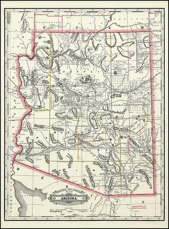 Arizona Poster featuring the photograph Railroad and County Map of Arizona 1887 by Carol Japp