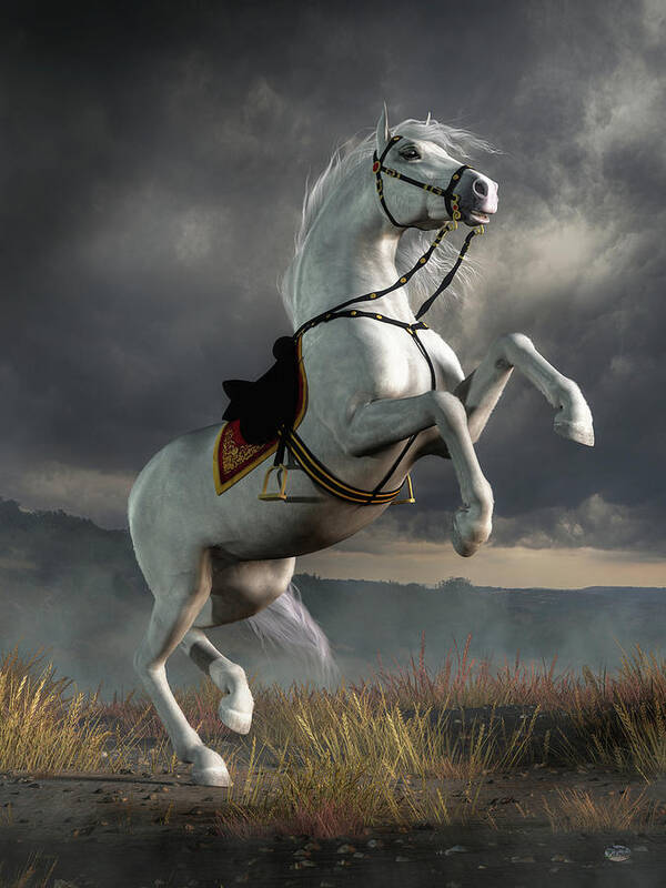 White Horse Poster featuring the digital art Rearing White Horse by Daniel Eskridge