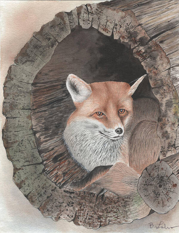 Red Fox Poster featuring the painting Red Fox in Hollow Log by Bob Labno