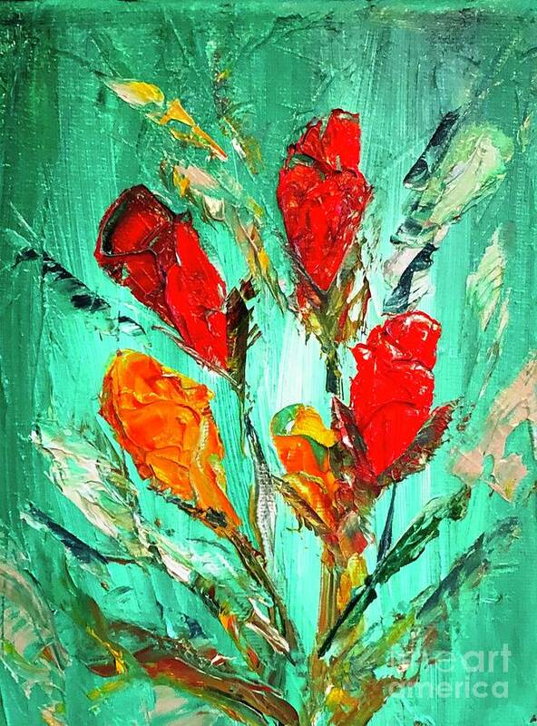 Red Rosebud Original Oil Painting Poster featuring the painting Red Rosebud Alla Prima Oil Painting by Catherine Ludwig Donleycott