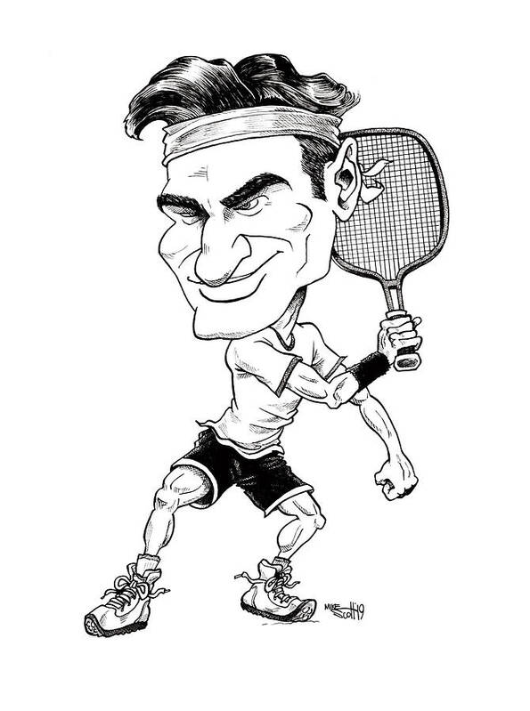 Cartoon Poster featuring the drawing Roger Federer by Mike Scott