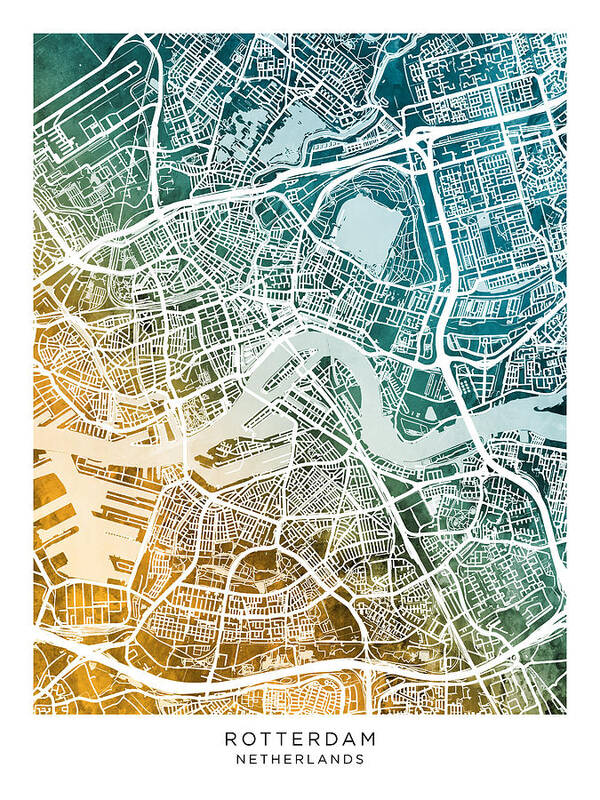 Rotterdam Poster featuring the digital art Rotterdam Netherlands City Map #76 by Michael Tompsett